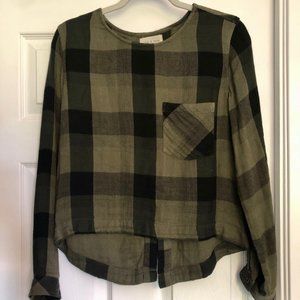CLOTH & STONE ANTHROPOLOGIE | Green Plaid Boxy Pocket Crop Tie Back Shirt | XS